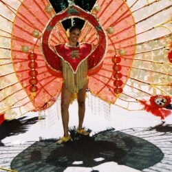 Carnival dancer with colorful feathered costume.
