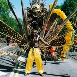 Carnival performer in elaborate costume on street.