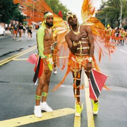 Carnival performers in vibrant costumes with flags.