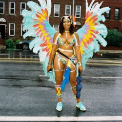 Carnival costume with colorful wings on street.