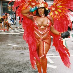 Carnival costume with red feathers on street.