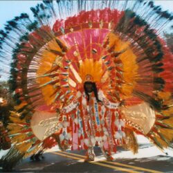 Parade performer wearing colorful feathered headdress