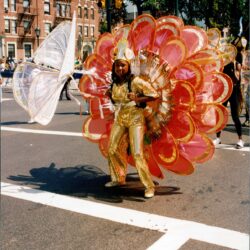Parade performer in gold costume with large wings