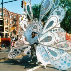 Person in elaborate white peacock-style parade costume