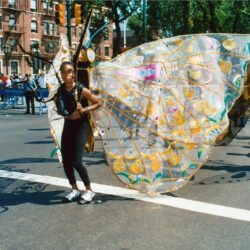 Parade performer wearing large decorative butterfly wings