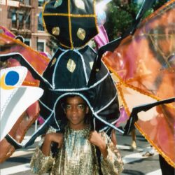Person in elaborate insect costume at parade
