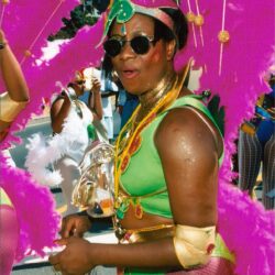 Carnival dancer in green costume with pink feathers