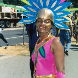 Person in vibrant carnival costume with blue headpiece