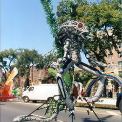 Giant metallic robotic insect parade float
