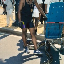 Street performer walking large python among onlookers