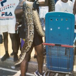 Man holding large python beside shopping cart