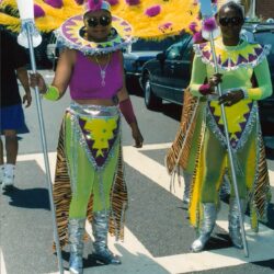 Two performers in yellow and purple carnival costumes