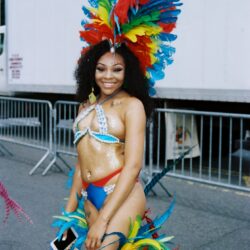 Smiling woman in colorful carnival feathered costume