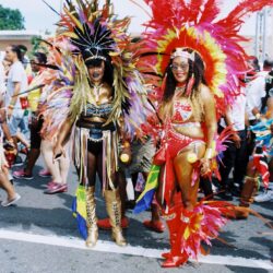 Two people in colorful feathered carnival costumes