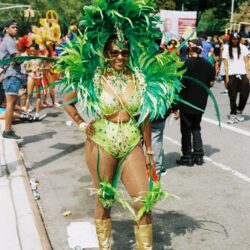 Parade participant in green feathered carnival costume