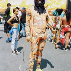 Masked person in orange devil costume with whip
