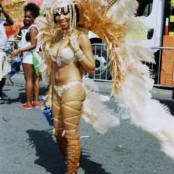 Smiling woman in gold feathered carnival costume