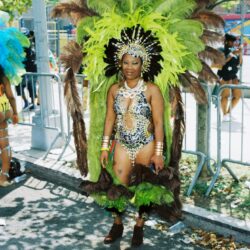 Person in green feathered carnival costume