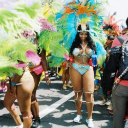 Carnival dancer wearing bright feathered costume